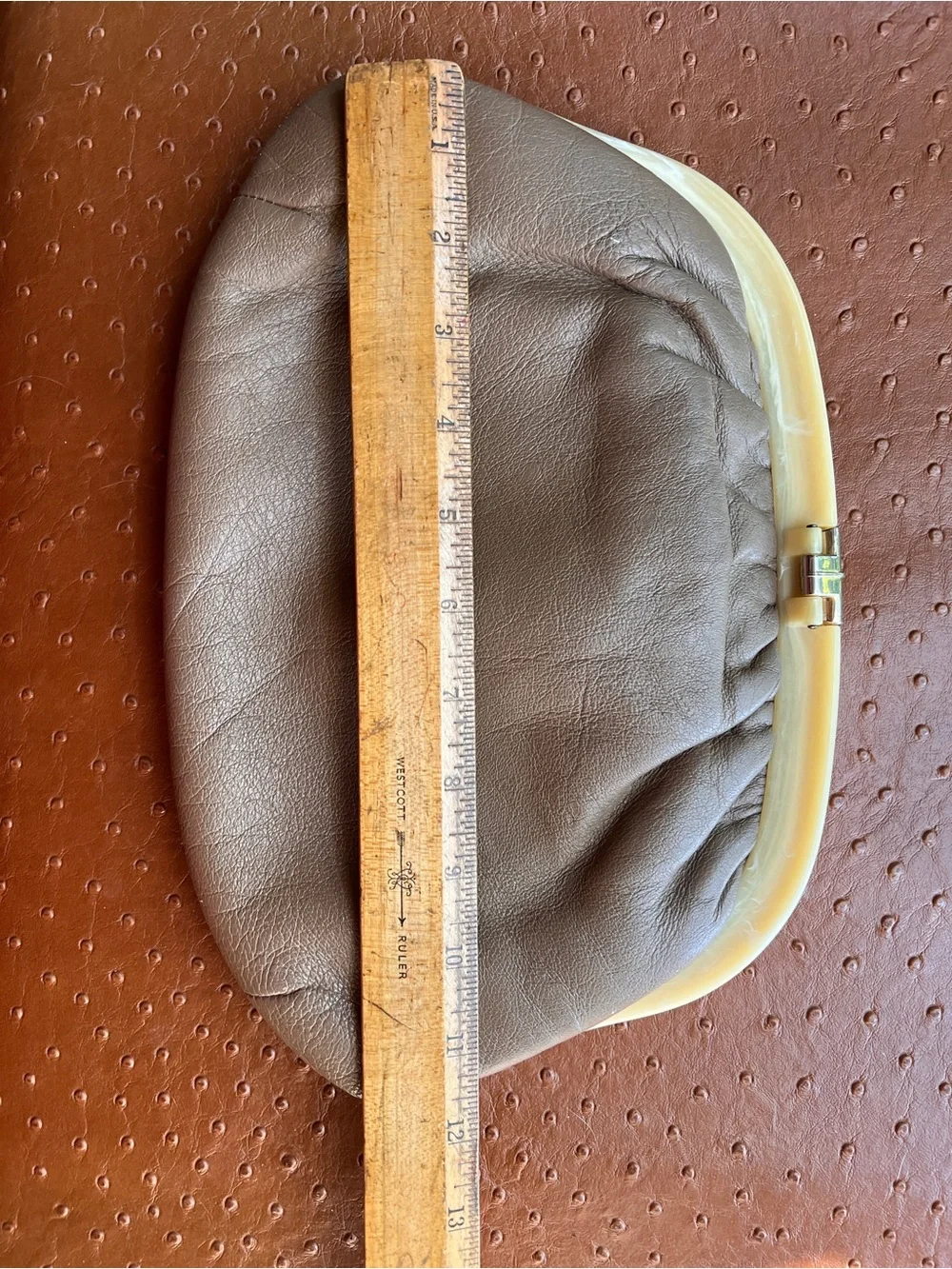 MCM Ruth Saltz Ivory Lucite Handle And Taupe  Leather Clutch Purse Hand Bag